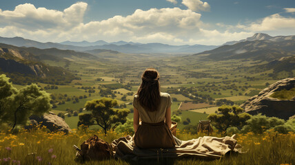 A girl admires a beautiful valley, a picnic on the road and weekend trips along popular routes, a concept for advertising