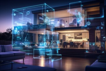 smart home technology with artificial intelligence installed in system. Transparent holographic data screen. 