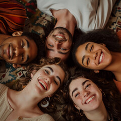Happy multi ethnic group of friends lying down on the floor and looking up 
