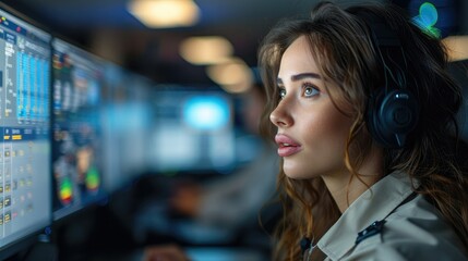 Female police dispatcher working in the office. Generative AI.