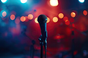 Anticipation of Performance: Close-Up View of an Illuminated Microphone Set Against a Dazzling...