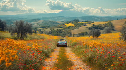 Retro convertible car driving along an old road through flowering fields in the hills, car travel through Italy, advertising concept and invitation to adventure