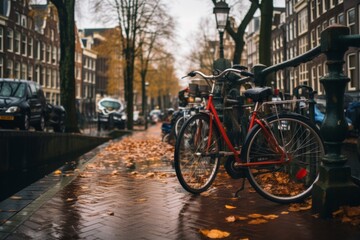 Fototapeta na wymiar bicycles parked in the street of Amsterdam in autumn. Eco transport. Problem of stealing bikes in Netherlands and Belgium.