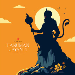 Creative flat vector Background Illustration of Happy Hanuman Jayanti, Celebrates the birthday of Lord Sri Hanuman, silhouette lord Hanuman Statue - obrazy, fototapety, plakaty