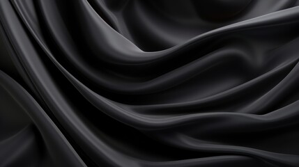 black silk folded fabric texture background. Premium drapes textile horizontal backdrop.