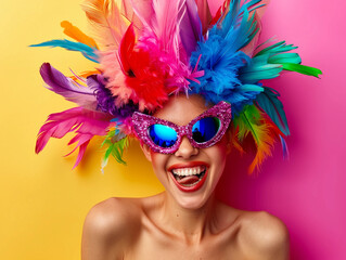 happy woman in carnival costume on color background 