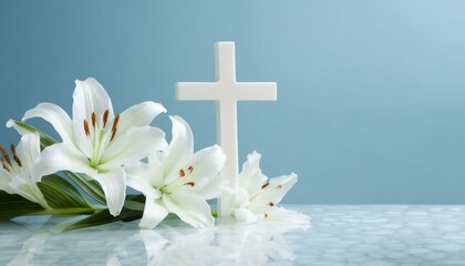 Cross with White Lilies - Background for Christianity - Symbolism for Mourning or Funeral - Crucifixion of Jesus Christ - obrazy, fototapety, plakaty