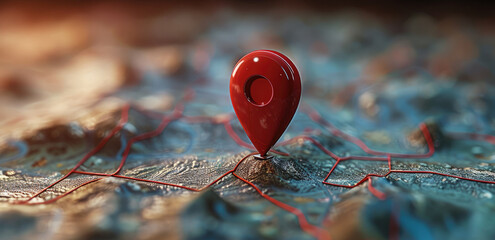 A red location pin on top of a map is in focus. Generative AI. - obrazy, fototapety, plakaty
