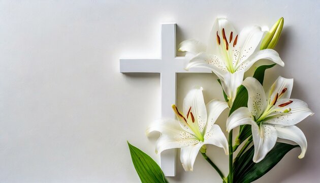 Cross with White Lilies - Background for Christianity - Symbolism for Mourning or Funeral - Crucifixion of Jesus Christ