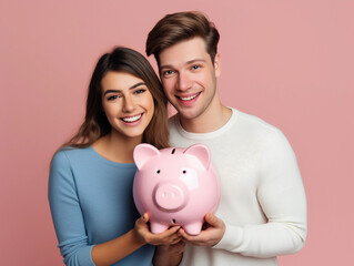Happy young couple smiling at camera holding big pink piggy bank isolated on pink background,theme of saving and putting money aside for home 