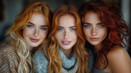 Fototapeta premium Portrait of three young women in stylish clothes taking a selfie. Style and fashion concept. Models posing against a wall, positive emotions on their faces.