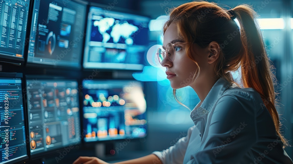 Leinwandbilder female web designer working in a high-tech design studio. generative ai.