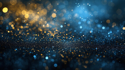 Festive celebration holiday christmas, new year, new year's eve banner template illustration - Abstract gold bokeh lights on dark blue background texture, de-focused. Dark blue and gold particle. - obrazy, fototapety, plakaty