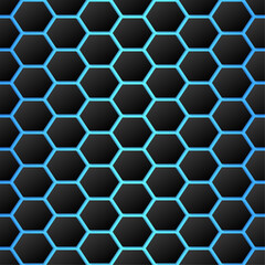 Black hexagons on blue neon background. Geometric vector seamless pattern. Best for textile, wallpaper, web and your design.