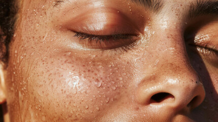 Close-up of African American woman's skin in sunlight with drops of sweat. Cute dark-skinned woman outdoors. Beauty concept.