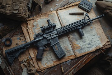 A detailed view of an assault rifle on top of worn maps and military gear, evoking a sense of history and readiness - obrazy, fototapety, plakaty