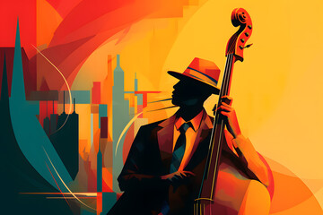 Abstract image of a musician playing bass or cello in a musical Jazz club. International Jazz Day. It is celebrated annually on April 30.