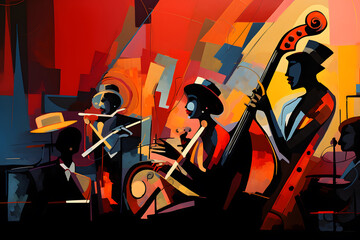 Abstract idea of music festival, party or concert. Live music band playing musical instruments in a music club. International Jazz Day.