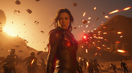 Action shot with woman in the sci-fi battle scene, superhero surrounded by sparkles. Dynamic scene in action movie blockbuster style.