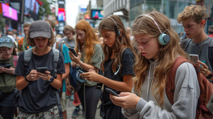 Cell phone addiction concept. Many teens hold smart device. Social media like obsession. Online communication problem. People watch mobile gadget screen. Cyberspace internet network. Bad habit.