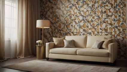 Relaxing space with a cream-colored divan on a patterned wallpaper background.