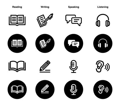 Language skill icon set speaking listening reading writing education test logo vector illustration circle symbol web botton