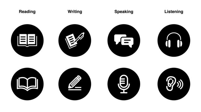 Language skill icon set speaking listening reading writing education test logo vector illustration circle symbol web botton