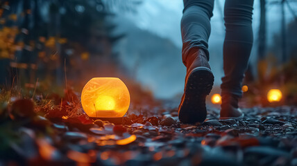 Close up of a human foot walking near the unique lamp in nature giving soft light in the evening, the human walking in the garden, back view of shoes 