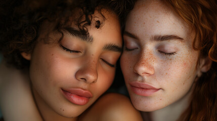 Retrato de dos mujeres abrazadas y con los ojos cerrados