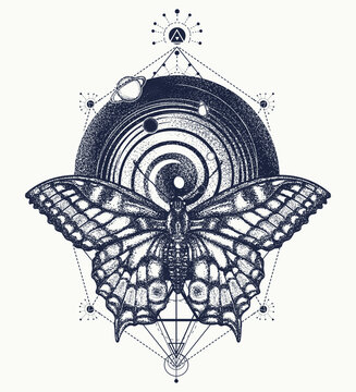 Butterfly and universe tattoo. Sacred geometry art. Esoteric symbol of meditation, freedom, knowledge, science, education, and travel. T-shirt design concept