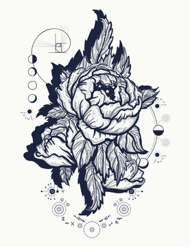 Esoteric rose tattoo. Sacred geometry flowers in universe. Magic symbol of freedom, love, beauty, secret knowledge, harmony and soul. T-shirt design concept art