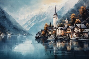a painting of a town on a lake - obrazy, fototapety, plakaty