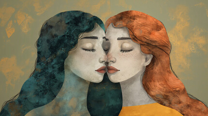Dibujo de dos mujeres abrazadas y con los ojos cerrados - obrazy, fototapety, plakaty
