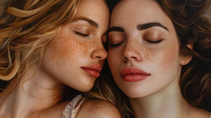 Foto op Plexiglas Retrato de dos mujeres abrazadas y con los ojos cerrados © VicPhoto