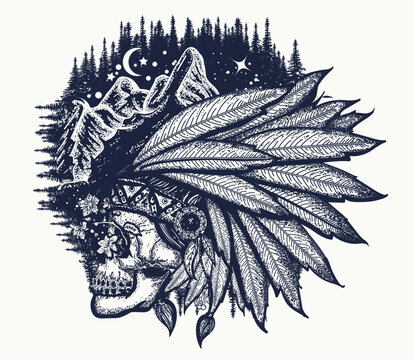 Indian skull and mountains tattoo art. Warrior symbol. Esoteric symbol of travel, soul, adventure. T-shirt design art
