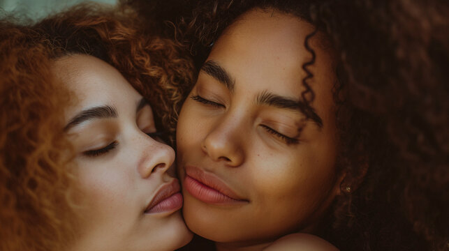Retrato de dos mujeres abrazadas y con los ojos cerrados