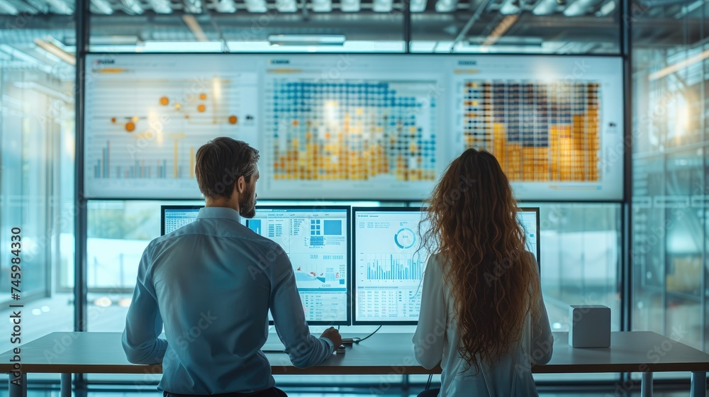 Poster two people analyzing business data on screens in a modern office, business intelligence, simple and 