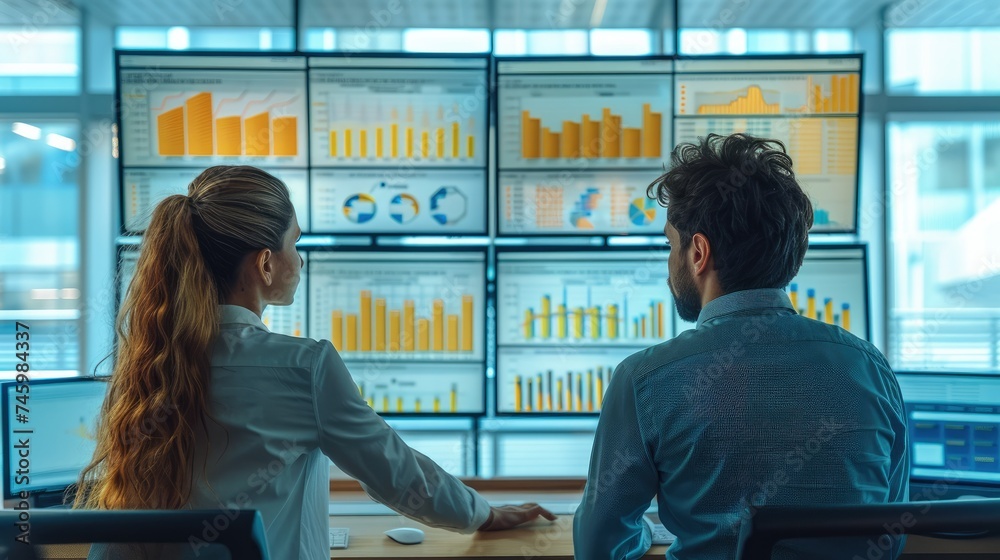 Poster two people analyzing business data on screens in a modern office, business intelligence, simple and 