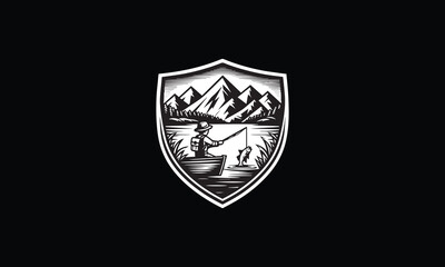 shield with fishing, boy, mountain, river, tree logo design 