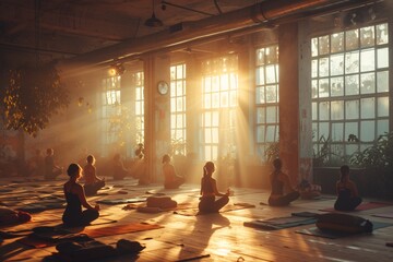 A serene yoga class in progress in a spacious industrial loft space bathed in warm sunbeams
