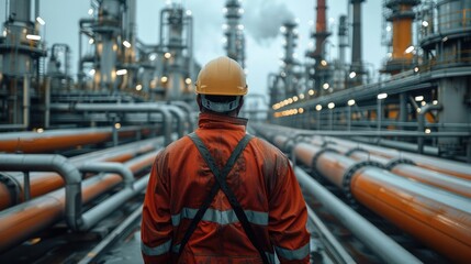 Fototapeta premium Back view of engineer wearing safety clothes and hardhat at Pipeline and pipe rack of petroleum, chemical, hydrogen industrial plant. Industrial zone area. Generative AI.