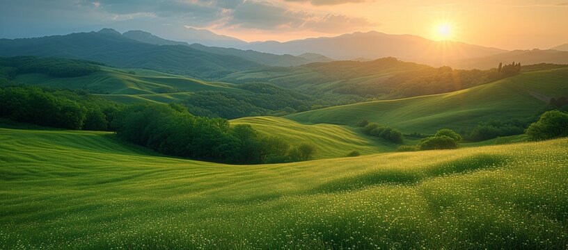 A breathtaking landscape depicting the serene beauty of rolling green hills under a stunning sunset in Tuscany