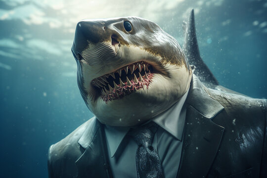 Generative ai picture of aggressive angry shark with sharp teeth in suit