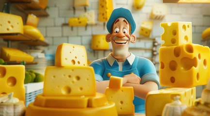 Deurstickers Personnage cartoon d'un fromager souriant, fromages au premier plan, atelier en arrière-plan. © David Giraud