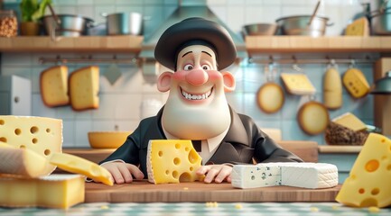 Personnage cartoon d'un fromager souriant, fromages au premier plan, atelier en arrière-plan.