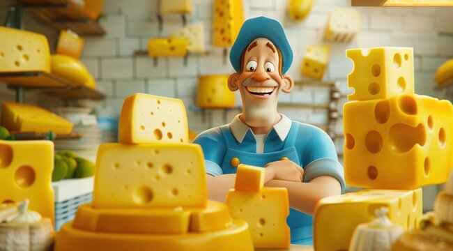 Personnage cartoon d'un fromager souriant, fromages au premier plan, atelier en arri&egrave;re-plan.