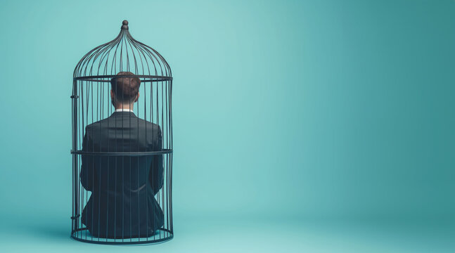 Rear view of a businessman sitting inside of a bird cage on isolated blue background with space for copy