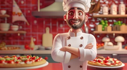 Le goût de l'Italie. Un chef pizzaiolo souriant, présentant une délicieuse pizza, cuisine en arrière-plan. - obrazy, fototapety, plakaty