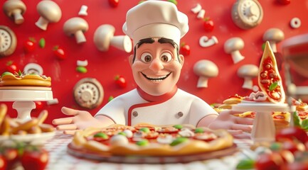 Le goût de l'Italie. Un chef pizzaiolo souriant, présentant une délicieuse pizza, entourée d'ingrédients frais. - obrazy, fototapety, plakaty