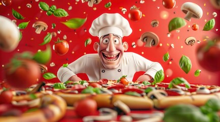 Le goût de l'Italie. Un chef pizzaiolo souriant, présentant une délicieuse pizza, entourée d'ingrédients frais.